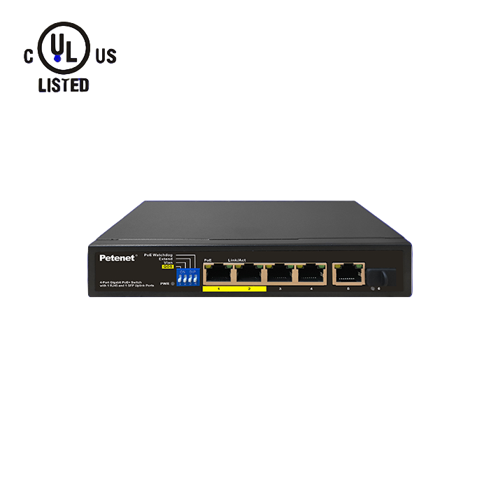 Petenet 4-Port Gigabit PoE+ Switch with 1 RJ45 & 1 SFP Uplinks