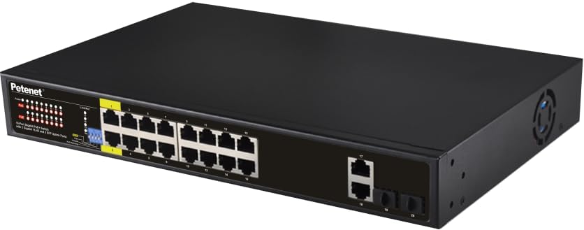 Petenet 16-Port Gigabit PoE+ Switch with 250W Built-in ULC Approved Power Supply, 2 SFP Uplink Ports, 10/100/1000Mbps, 5 Working Modes, Unmanaged UL Listed, IEEE802.3af/at, Good for Any IP Devices