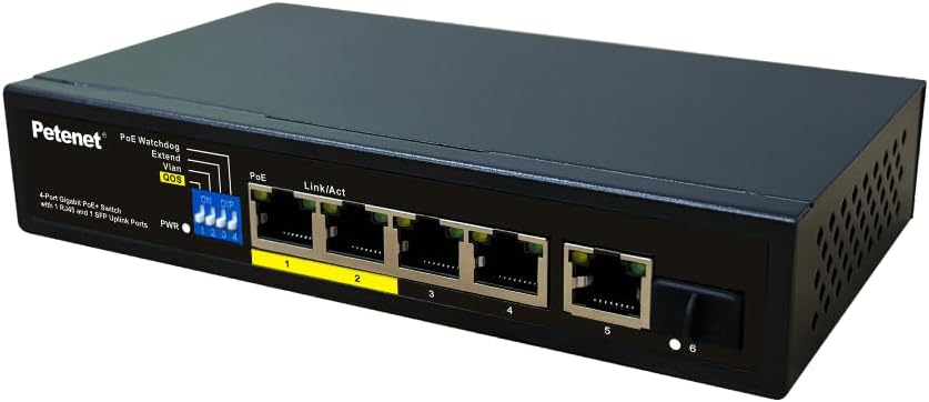 Petenet 4-Port Gigabit PoE+ Switch with 1 Gigabit RJ45 & 1 SFP Uplink Port – ULC Approved, 60W Built-in Power Supply
