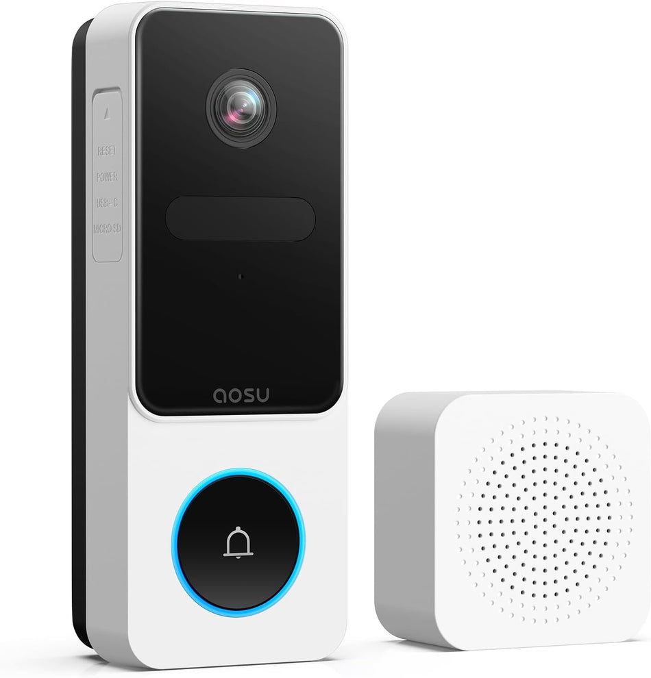 AOSU Doorbell Camera Wireless - Head-to-Toe View, 2.4G Wi-Fi Video Doorbell with Chime, Save Locally or to The Cloud, Smart Human & Package Detection, Works with Alexa and Google Assistant
