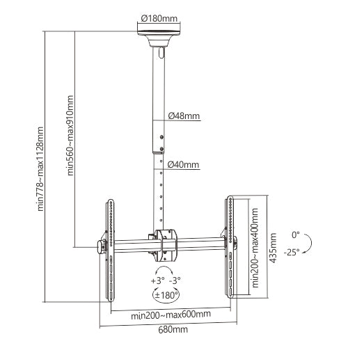 Brateck BT-PLB-CE946-02S Telescopic Full-Motion TV Ceiling Mount – 37"-70" Panels (Max VESA 600x400, 50kg Capacity)