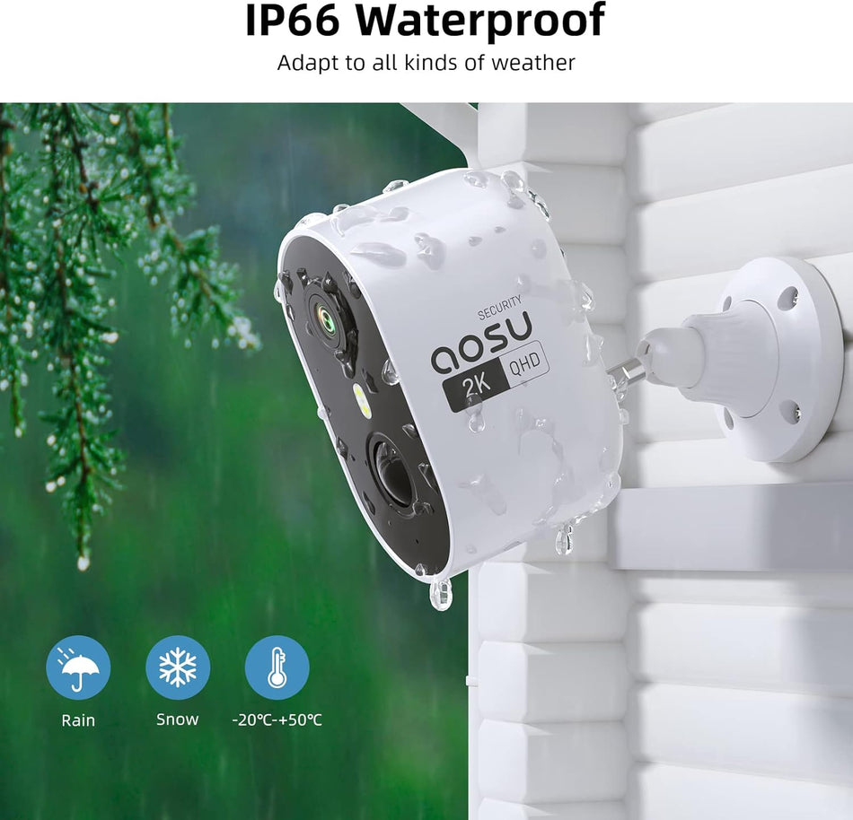 AOSU 2K Security Camera Wireless Outdoor, Battery Operated Camera Surveillance Exterieur, WiFi Camera with PIR Humanoid Motion Detection & Siren, 2 Way Audio, IP66 Waterproof, only 2.4Ghz WiFi