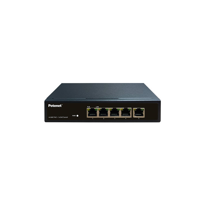 Petenet 4-Port Gigabit PoE+ Switch with 1 Uplink, 60W PSU