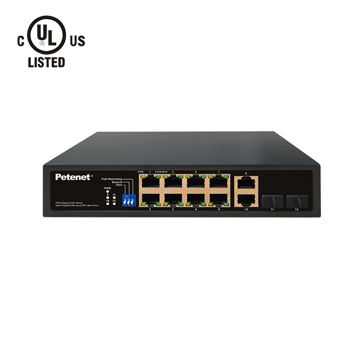 Petenet	‎D7012-8P120  8-Port Gigabit PoE+120W Switch with 2 Gigabit RJ45 & 2 SFP Uplink Ports, 5 Working Modes, 6KV Surge Protection – Power Supply ULC Listed, IEEE802.3af/at