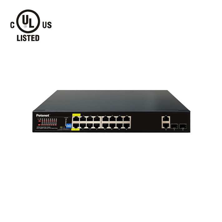 Petenet D7020-16P-250, 16-Port Gigabit PoE+ Switch with 2 RJ45 & 2 SFP Uplinks