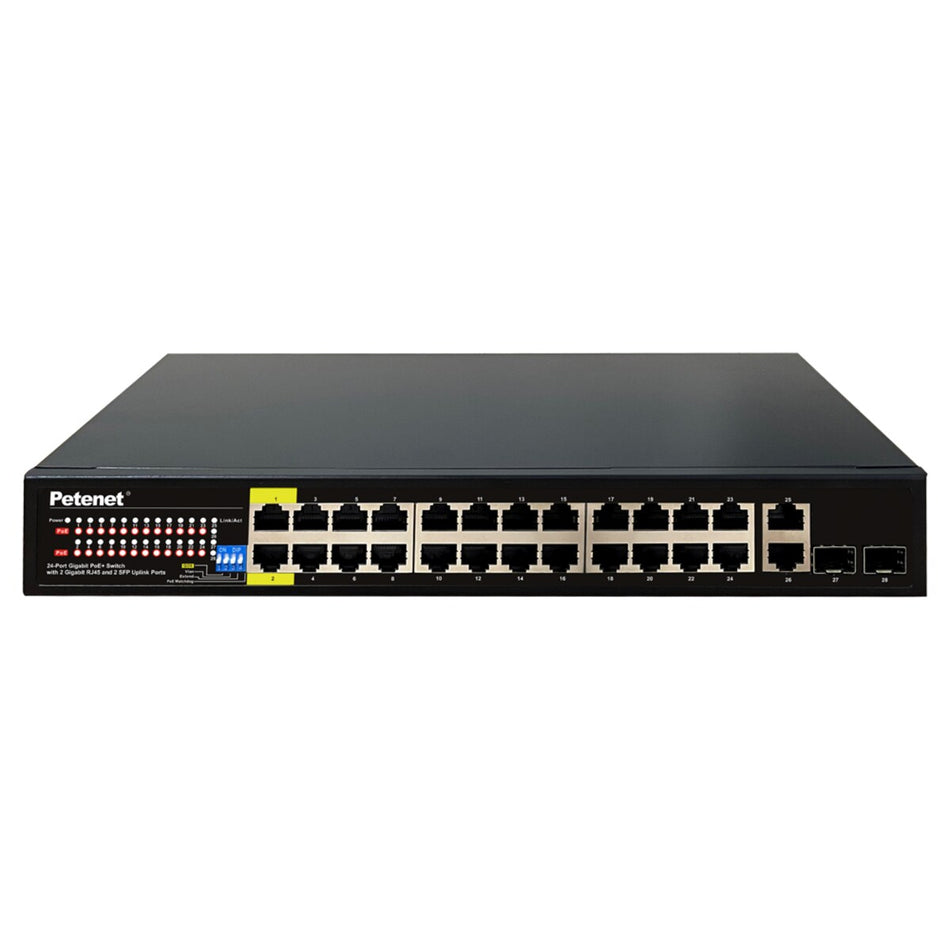 Petenet 24-Port Gigabit PoE+ Switch with 2 RJ45 & 2 SFP Uplinks