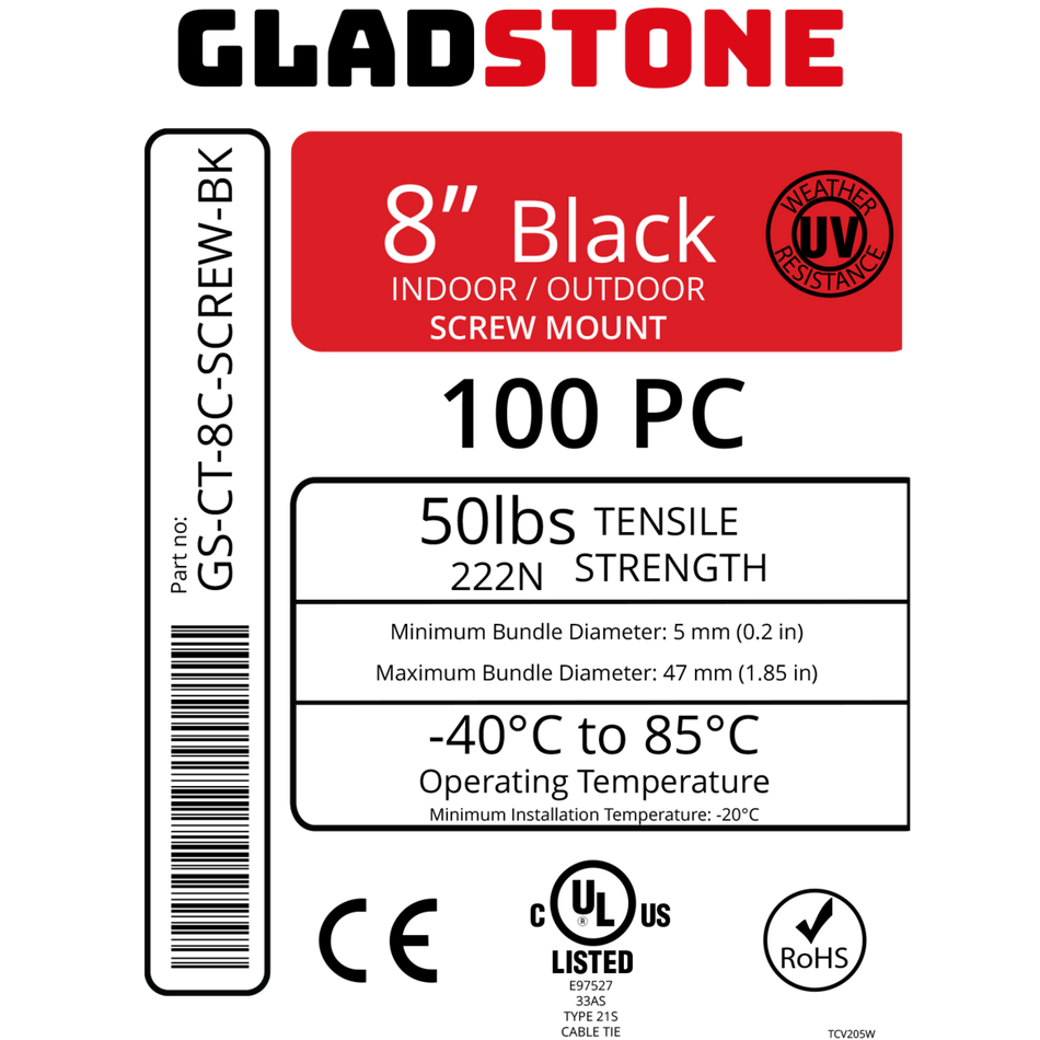 AV-CT-8C-SCREW-BK 100 Pack 8" Black Screw-Type Outdoor Cable Ties