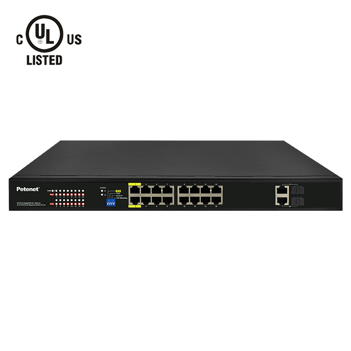 Petenet 16-Port Gigabit PoE+ Switch with 2 Shared Gigabit Uplinks