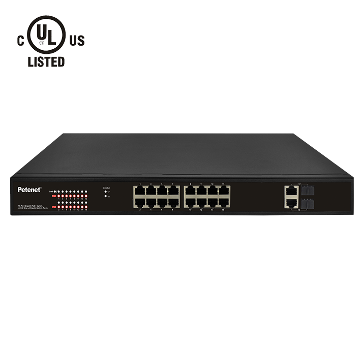 Petenet S7018C-16P-250 16-Port Gigabit PoE+ Switch with 2 Shared Gigabit Uplinks