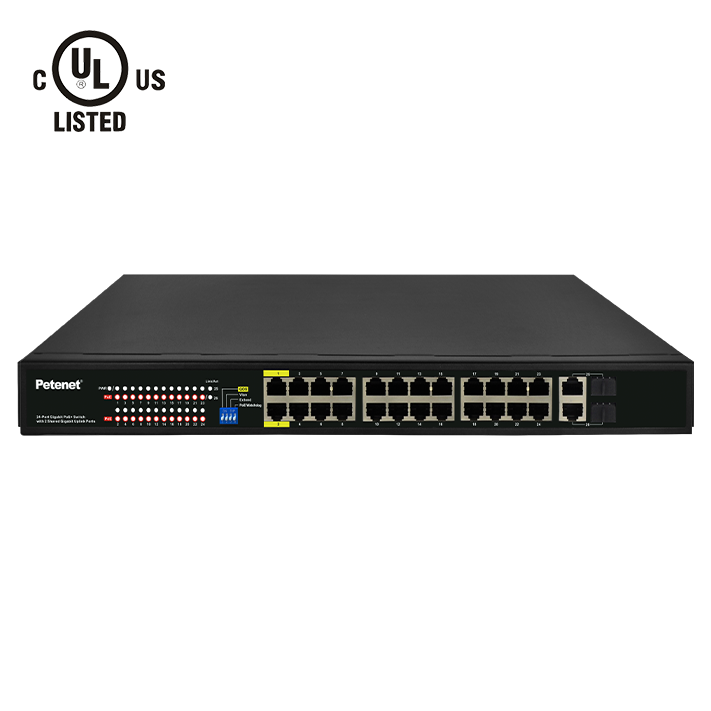 Petenet 24-Port Gigabit PoE+ Switch with 2 Shared Gigabit Uplinks
