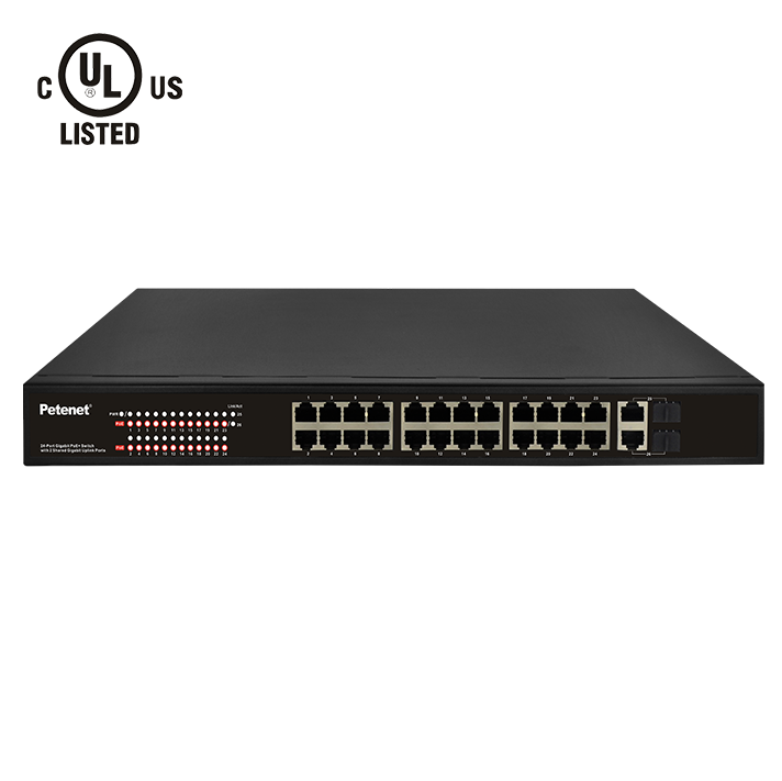 Petenet S7026C-24P-370 24-Port Gigabit PoE+ Switch with 2 Shared Gigabit Uplinks