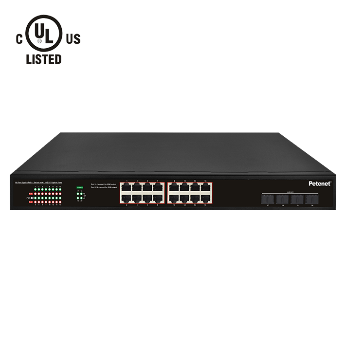 Petenet S8020-16P-370, 16-Port Gigabit PoE++ Switch with 4 10Gigabit Uplinks