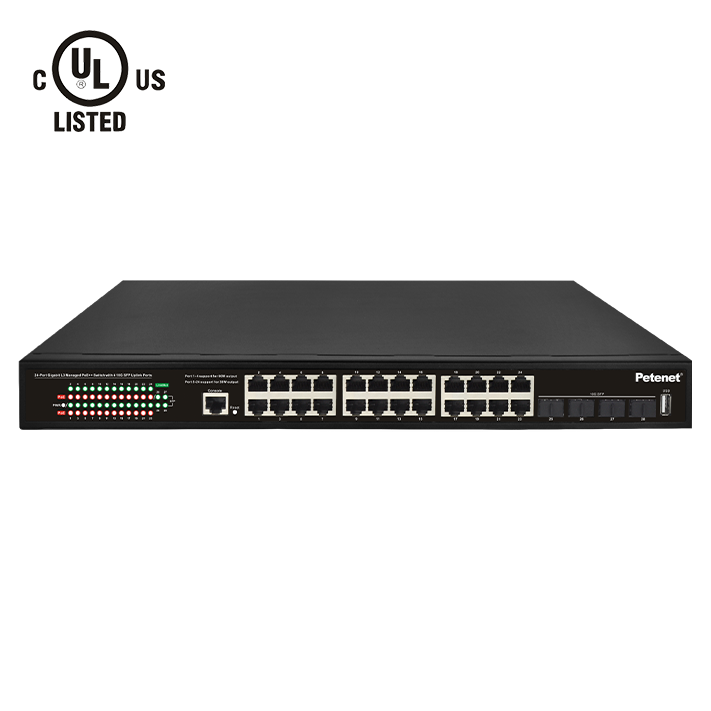 Petenet 28-Port Gigabit L3 Managed PoE++ Switch with 4 10Gigabit SFP+ Uplink Ports